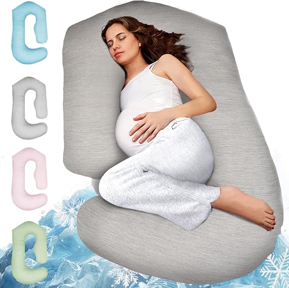 Pregnancy Pillows for Sleeping – 57-Inch Maternity Pillow for Pregnant Women with Removable Washable Cover – Support for Back, Belly, Neck, Legs, Hips – V C U Shaped Full Body Pillow, Cooling Grey