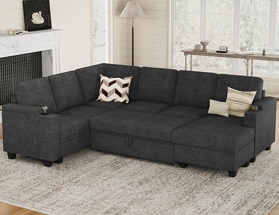 Belffin Sleeper Sofa Modular Sectional Pull Out Couch Bed U Shaped Sofa Couch for Living Room with Storage Chaise. Dark Grey