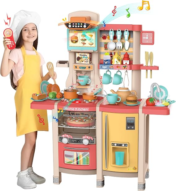 Kids Kitchen Playset,65Pcs Play Kitchen Sets for Kids Ages 4-8, Large Play Kitchen for Toddlers 3-5, Kitchen Toys with Running Water, Plastic Pretend Kitchen for Girl & Boy, Pink