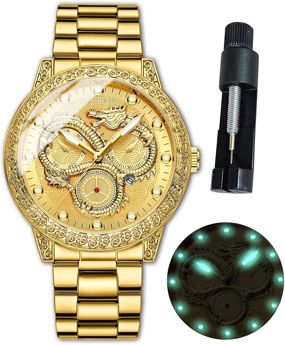 BINBOND Gold Dragon Watches for Men Stainless Steel Luxury Dress Business Big Face Dial Date Men's Wrist Watch Gift Waterproof Luminous