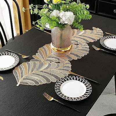FAVE Heat Resistant Washable Table Runner 36 Inches Vinyl Golden Table Runner for Wedding, Party, Holiday Dining & Restaurant Decor, Easy Clean & Non-Scratch Golden Leaf Shaped