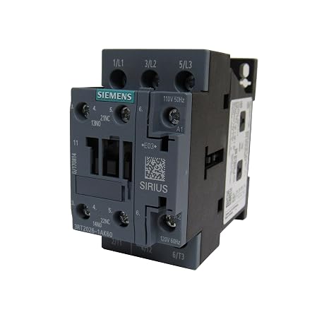 Siemens 3RT2026-1AK60 3 Pole, 25 AMP contactor Rated 7.5 H.P @ 230v / 15 H.P. @ 460 Volt 3 Phase - 110/120vAC Coil and 1 N.O./1 N.C. Base Mounted Auxiliary Contacts
