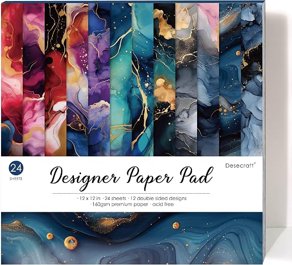 24 Sheets 12x12 Dark Marble Card Stock, Fancy Floral Patterned Scrapbook Paper, Double Sided Decorative Cardstock for Card Making, Junk Journal, Planner, Origami, Decoupage, DIY Crafts
