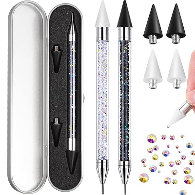 Tatuo 2 Pcs Nail Rhinestone Picker Tool Dual Ended Wax Pen Gem Picker Tool Dotting Pen for Nail Art DIY Rhinestones Dotting Gems Stones Crystals and CharmsBlack, White