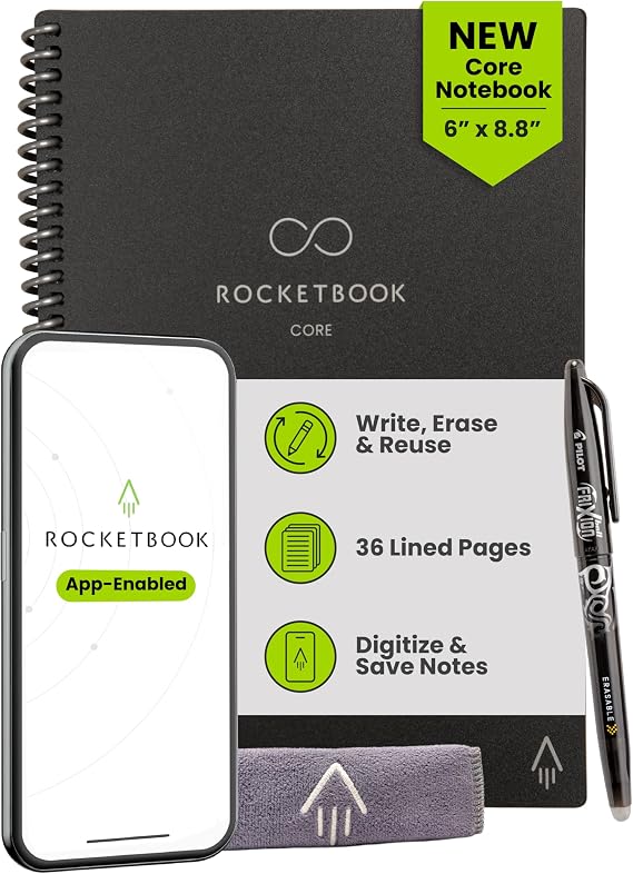 Rocketbook New Core Reusable Spiral Notebook, Executive Size, 6 x 8.8 Inches, Black - Ruled Pages, Connect Apps, Erasable Durable Covers, Great for School, Work, and Creative Projects