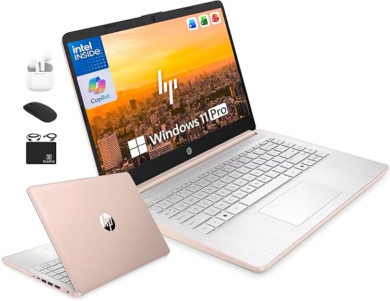 HP 14" Laptop Computer for 2026 Student Business Productivity, MS Office & Win 11 Pro, Copilot AI, Intel 4-Core CPU, 4GB DDR5 RAM, 628GB Storage (128GB UFS+500GB Ext), Wi-Fi 6, HubxcelAddon, Rose Gold