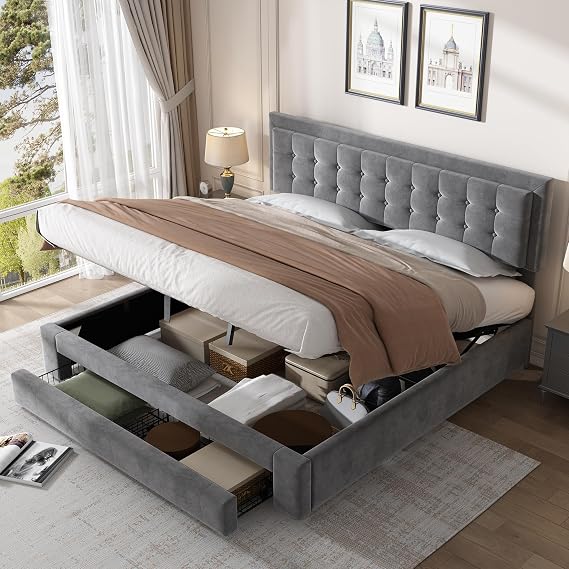 Super King Bed Frame, 6ft Upholstered Bed with Storage Drawer and Hydraulic, Ottoman Bed with Adjustable Headboard, For Adults & Teenagers, Velvet, Grey, 180x200cm, (No Mattress)