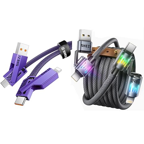 SHEZI 2 Pack Bundle, 4 in 1 60W USBA/USB C to USB C/Light-ning Cable(Purple) with USBA/USB C to USB C/Lightn-ing Cable with Light 240W 5FT(Grey) Bundle