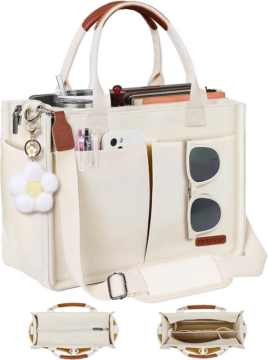 FIORETTO Womens Canvas Tote Bag Purse with Individual Compartment, Zipper Top, Reinforced Bottom & Luggage Sleeve