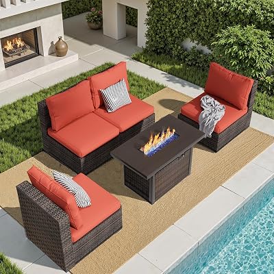 5 Pieces Patio Furniture Set with Fire Pit Table, Outdoor Sectional Furniture, All-Weather PE Rattan Conversation Sofa Sets with Cushions for Garden, Poolside, Deck, Backyard, Red