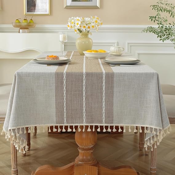 Alsoo Table Cloth Square, Cotton Linen Tablecloth Waterproof, Boho Rustic Spring Table Cover with Tassel for Outdoor Party Kitchen Dining Holiday Decorations (Coffee Lines, 4 Seats, 55''x55'')