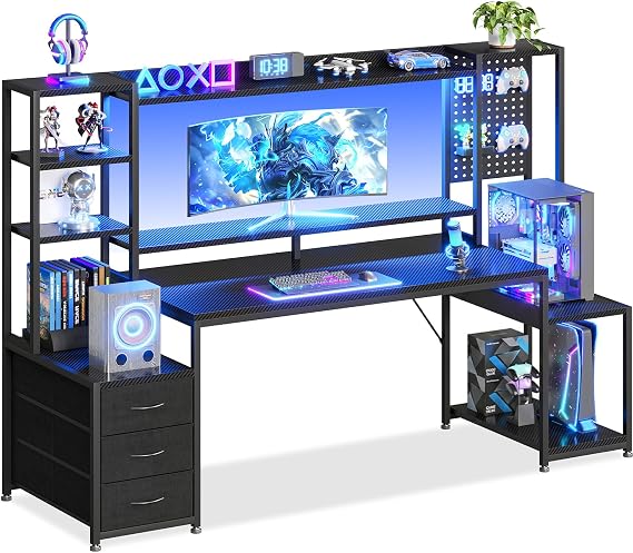 AODK 67 Inch Gaming Desk with Storage Shelves, 3 Drawers, LED Lights, Hutch