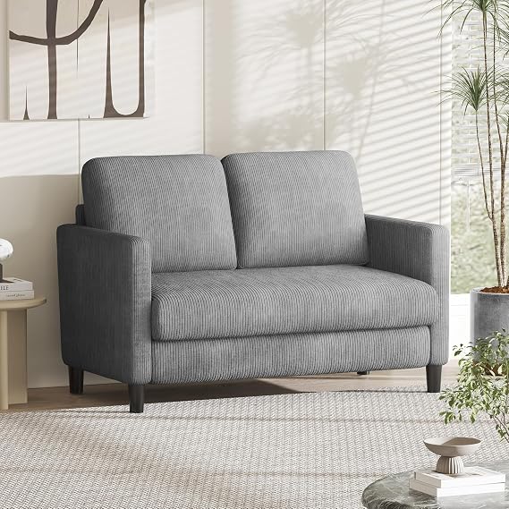 TOTEBOX 129cm Small 2-Seater Sofa Loveseat, Grey Long Comfy Corduroy Couch for Bedroom Living Room, with Spring Cushion, Deep Seat, Solid Wood Frame