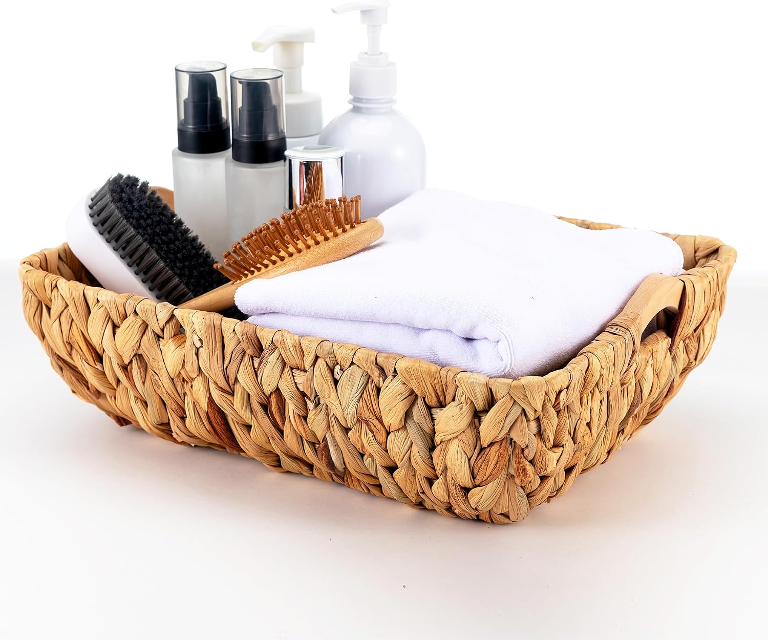 Baskets-Storage Baskets Hand-woven large storage basket with wooden handles, water hyacinth wicker basket for organizing hygiene products, toys, toilet paper 1 pieces