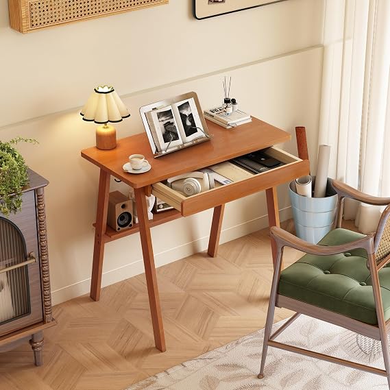 Solid Wood Desk with Drawers - 31.5 x 15.7 Inch Narrow Desks, Writing Desk with Drawers & Storage Shelf, Rubberwood Mid Century Modern Desks, Small Desk for Bedroom|Small Spaces-Walnut Color