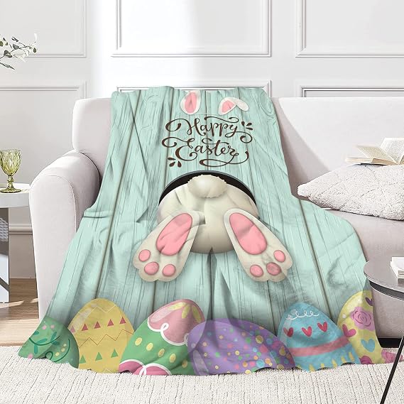 JOOCAR Flannel Throw Blanket Happy Easter Bunny Eggs Cozy&Soft Plush Blankets for Bed Couch Living Room Sofa Chair