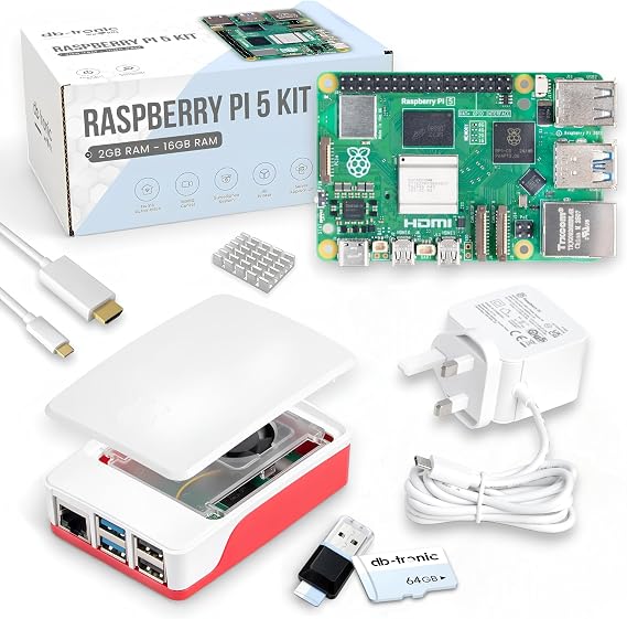 db-tronic Raspberry Pi 5 4GB Starter Kit | 64GB Edition | 27W Power Supply | Case with Cooling Fan | Heatsink | 4K Micro HDMI Cable | Ideal for Smart Home, Retro Gaming & Home Assistant