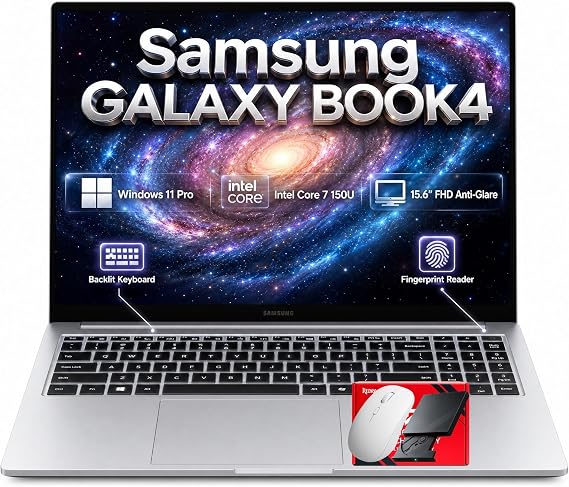 Samsung Galaxy Book4 15.6" Full HD Business Laptop, Intel Core 7 150U 10-Core Processor, 16GB RAM, 1TB SSD, Windows 11 Pro, Backlit Keyboard, Fingerprint Reader, RJ45 Ethernet, Copilot Key, Silver