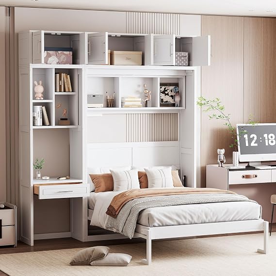 Queen Size Wall Murphy Bed with Desk & Storage, Space-Saving Fold-Down Bed with Shelves & Top Cabinet (White, Full)