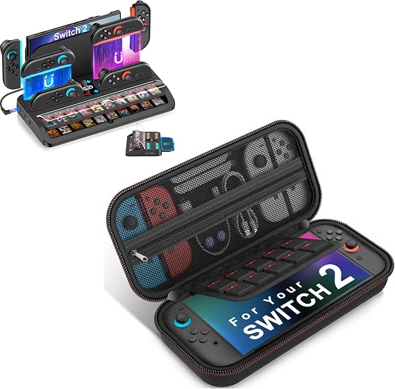 Switch 2 Bundle: 4-in-1 Storage Charging Dock + Protective Carrying Case 2025 Switch 2 Compatible
