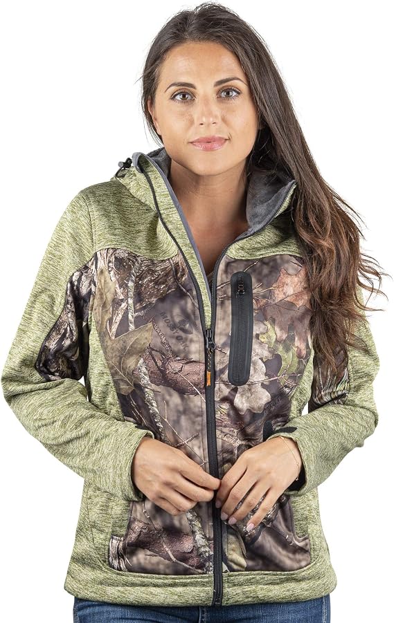 TrailCrest Women's Softshell Hooded Jacket - Super Soft Plush Coral Fleece Lining - Mossy Oak Camo Patterns