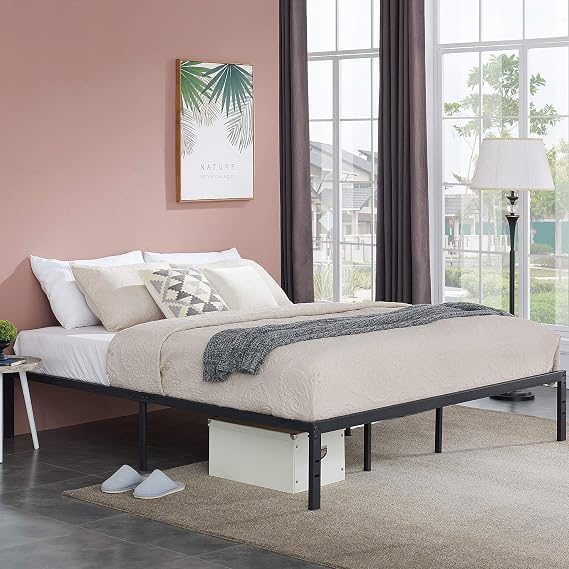 VECELO 14-Inch Bed Frame,Heavy Duty Steel Slat/Noise Free&No Box Spring Needed/Easy Assembly Mattress Foundation Black (Queen), Metal Platform B