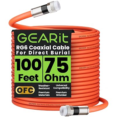 GEARit Coaxial Cable for Direct Burial 100ft RG6 70 Ohm RF Waterproof Underground in-Wall with Rubber Boot, High-Speed Internet, Broadband, Digital TV Aerial, Satellite 100 Feet