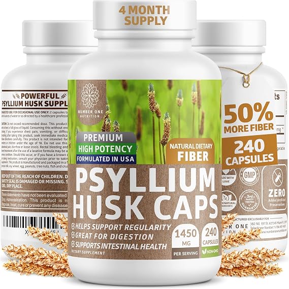 Psyllium Husk Capsules 1450mg, Soluble Fiber Support, Non-GMO, 240 Caps