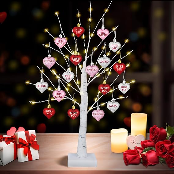 [Timer] Valentines Decor 24 Inch Valentines Decorations Lighted Tree with 18 Heart Ornaments, USB/Battery Operated Valentines Decor Tree Light, Valentines Decorations for Home Table Bedroom