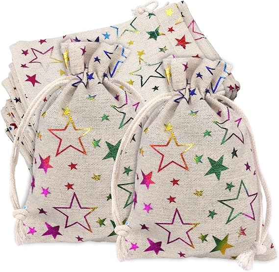 Jute Burlap Bags, 20PCS Burlap Bag with Drawstring, Hessian Gift Bags, Star Print Linen Burlap Bag Mini Gift Bags for Wedding Birthday Party DIY Craft 13x18cm