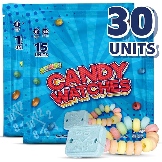30 Candy Bracelet Watches Party Favors - Pack of 30 Blue Individually Wrapped Candy Bracelets with Colorful Fruit Flavor - Stretchable, Edible, Fruity Flavor Rainbow Candies for Party Favor Supplies