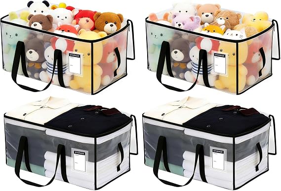 4 Pack Storage Bags & Moving Bags Clear, Large 94L Heavy Duty Moving Boxes | with Reinforced Bottom & Wrap-Around Handles, Reusable Large Packing Bags for Attic, garage, College Dorm,Bedding & Clothes