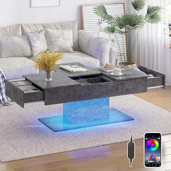 LED Coffee Table with Hidden Storage&2 Storage Drawers Living Room Table