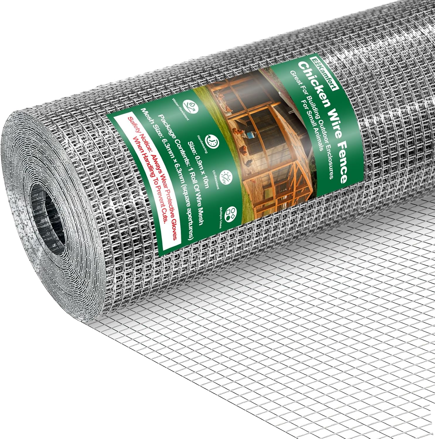 Vole Mesh 90 cm Height x 10 m Length Roll, Galvanised Wire Mesh, Mesh Width 6.3 x 6.3 mm, Metal Mesh as Aviary Wire, Rabbit Wire, Fine Mesh for Raised Bed in the Garden
