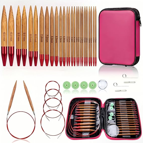 Eatbuy Bamboo Circular Knitting Needles Set, 13 Sizes Interchangeable Carbonized Bamboo Needles (2.75mm-10mm), Crochet Needle with Flexible Cables Storage Bag for DIY Handmade Knitting Projects