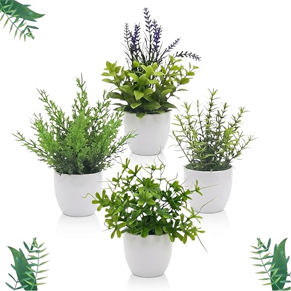 Small Artificial Plants, 4pcs Mini Fake Plants, Plastic Plants | Greenery Potted Plastic Fake Plants Mini Artificial Plants Faux Potted for Home Bathroom Office(Green)