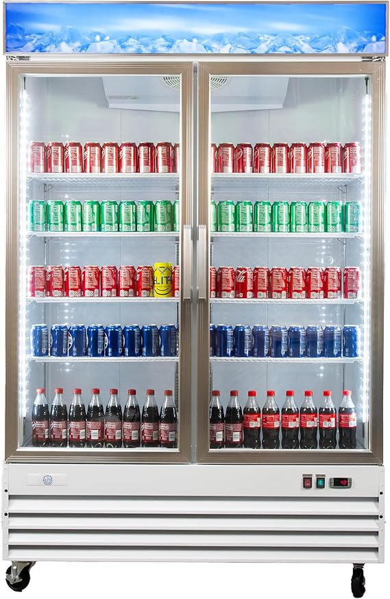 Commercial 2 Glass Door Merchandiser Refrigerator, ETL Upright Display Fridge Cooler, 2 Section Metal Frame Case, Bottom-Mounted 53" W 45 cu. ft. Restaurant Kitchen Cafe