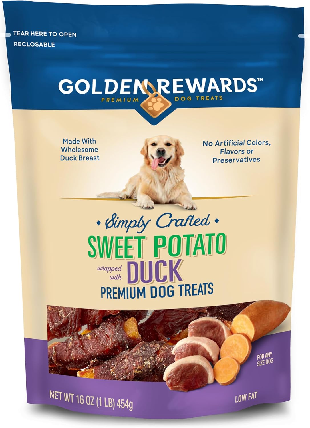 Gold Reward Sweet Potato Wrapped with Duck Flavor Dry Training Treats for All Dogs, 16 oz. No Artificial Colors, Flavors or preservatives