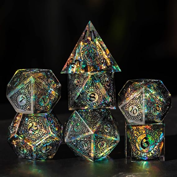 Cusdie Sharp Edges Dice DND, 7 PCs D&D Dice for RPG(Black Pattern)