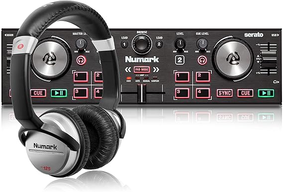 Numark DJ2GO2 Touch Bundle – Compact 2 Deck USB DJ Controller For Serato DJ with a Mixer / Crossfader, Audio Interface and DJ Headphones