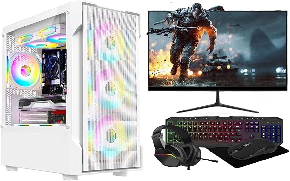 Gaming PC Bundle, AMD Ryzen 5 4500, GTX 3050 6GB Graphics, 16GB RAM, 256GB SSD + 1TB HDD, 500W 80+ PSU, WiFi, Windows 11, White 6 Fan RGB Case, 22" Monitor, High Performance