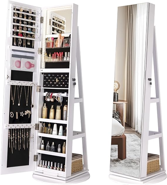 Full Length Mirror Jewelry Armoire With LED Lights, Lockable Storage, 360 Swivel Cabinet Standing, Organizer for Women Girls Gift