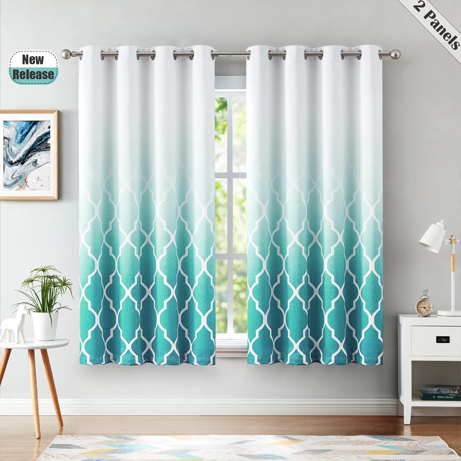 Beauoop Blackout Curtains for Bedroom Teal Ombre Curtains 54 Inch Drop Geometric Print Eyelet Curtain for Living Room Darkening Thermal Insulated Window Curtain Drapes 2 Panel