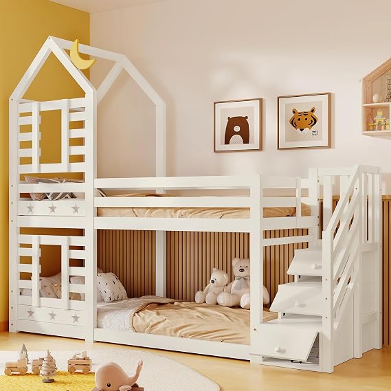 Jtyca Bunk Bed for Kids, Single Cabin Bed with Storage, Twin Sleeper Double Bunk Beds with Window for Children, Solid Pine Wood, 3FT-90 x 190cm, White, (Without Mattress)