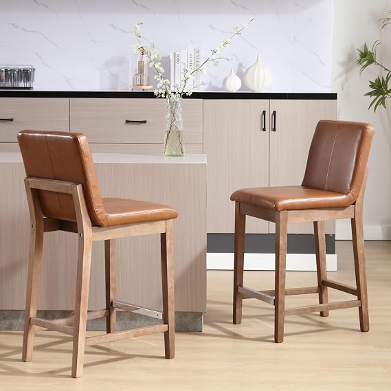 Kmax 26 Inch Counter Height Bar Stools Set of 2 Upholstered Stools for Kitchen Counter with Back Support Rustic Wooden White Armless Barstools for Kitchen Island Dining Room Breakfast - PU, Brown