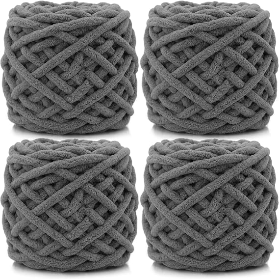 Super Chunky Knit Chenille Yarn 4 x 100g Multi-Colored Crochet Wool for Hand Knitting Blankets,Knitting Wool for Big Blankets Sock and Scarves (Dark Gray)