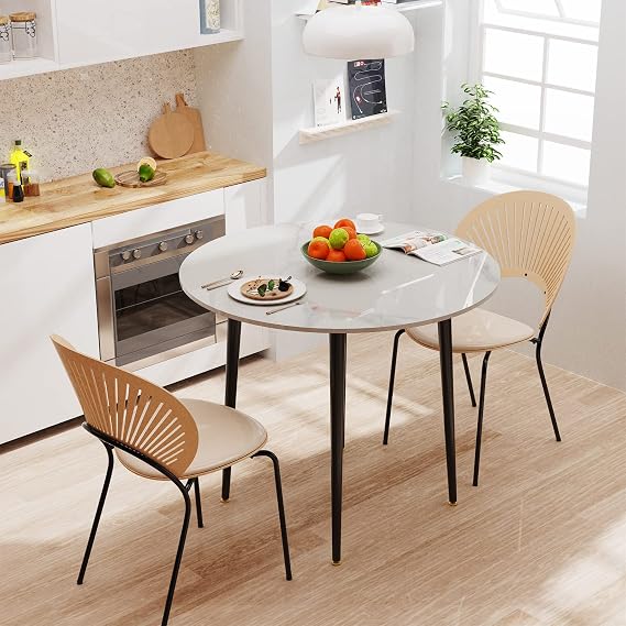 FATIVO Kitchen Dining Table Marble Tabletop: Round 80cm Modern Sintered Stone High Gloss Snow Mountain White Marble Top Dinner Tables with Tapered Metal Legs for Home Coffee Shop Restaurant