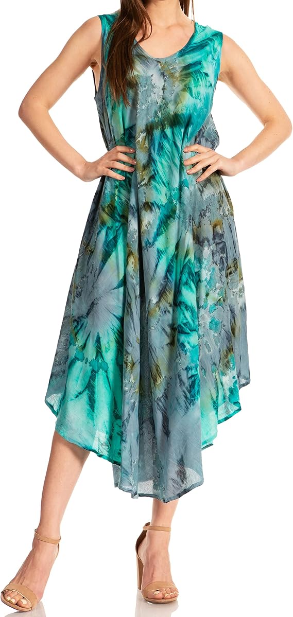 Sakkas Laeila Tie Dye Washed Long Sleeveless Tank Top Caftan Dress/Cover Up