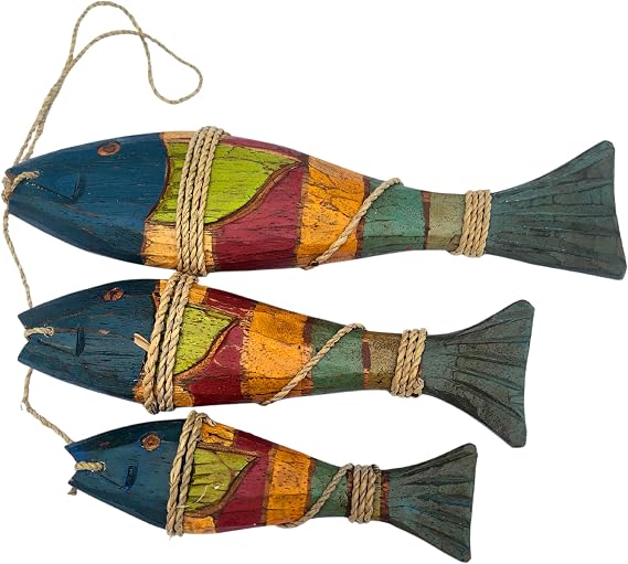 Wooden Fish Decoration - Hand Painted Set of 3 Colourful Fish - Hanging Decor For the Home - 24cm, 20cm & 15 cm