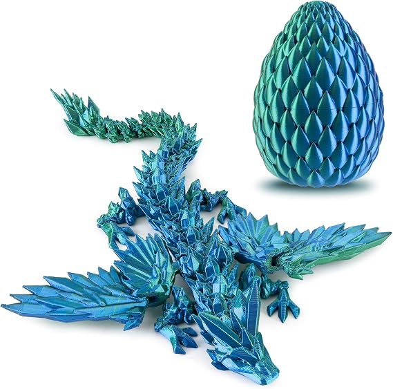 Dxldfks 3D Printed Dragon with Egg, Articulated Crystal 9" Winged Dragons and 5.5" Eggs for Easter Basket Stuffers Home Office Decoration Gift, Bluegreen
